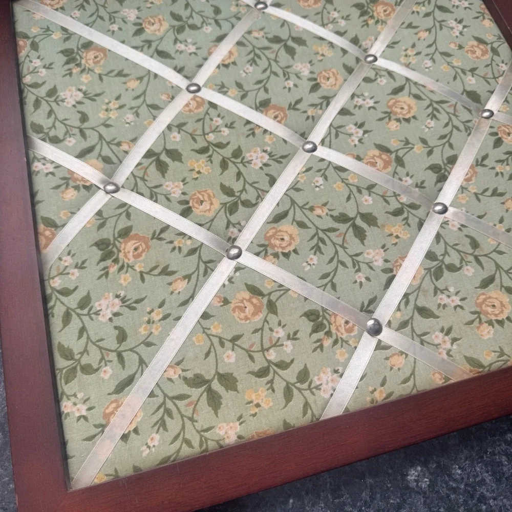 Vintage Floral Fabric Memory Board Sage Green Ribbon French Bulletin Board 16x16
